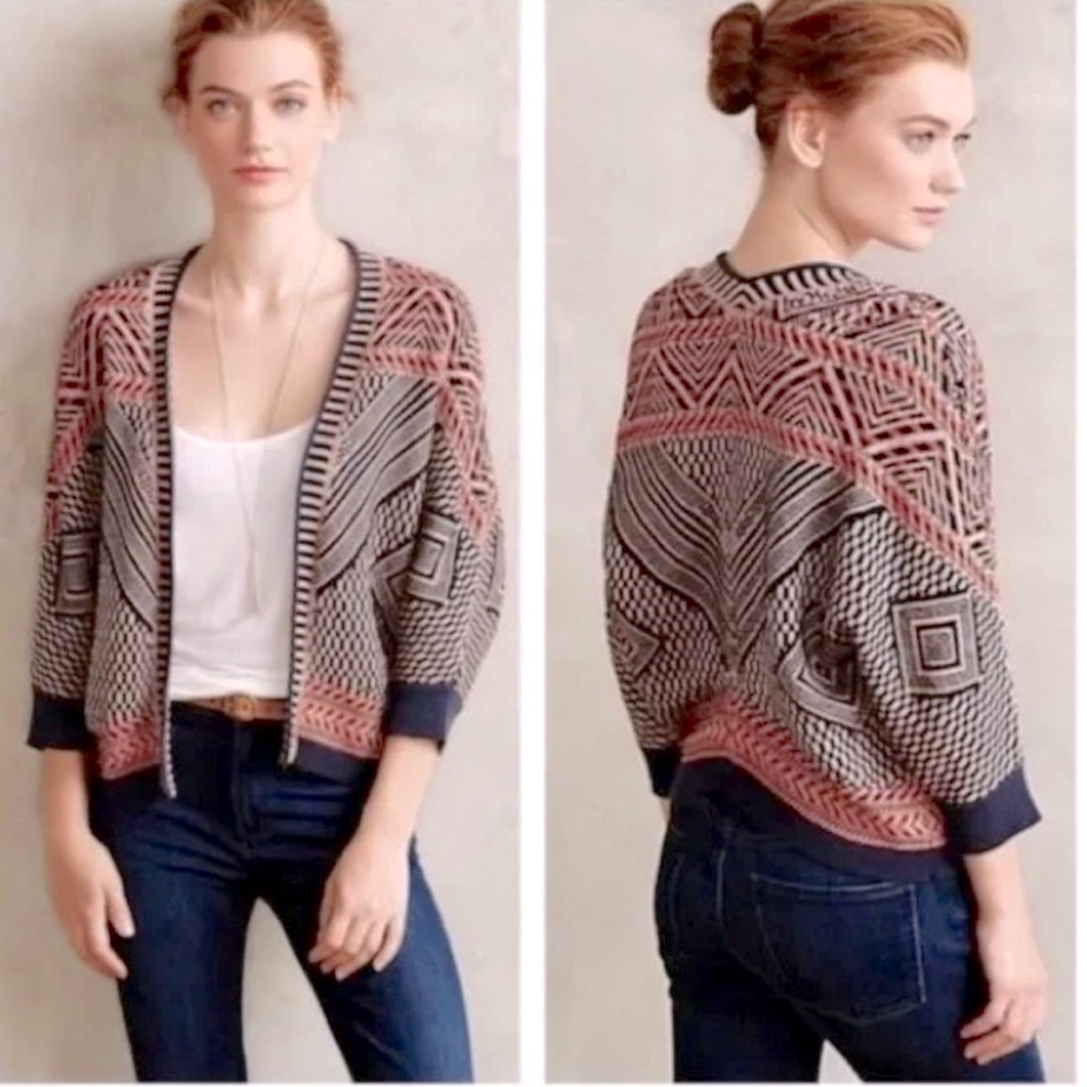 Anthropologie Black and Pink Patterned Cardigan